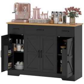 47" Buffet Cabinet with Soft-Close Hinges, Farmhouse Sideboard with 3 Drawers, Adjustable Shelves and Spice Racks, Black