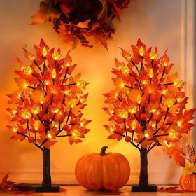 2 Pack 24 Inch Prelit Fall Maple Tree Decorations with 48 LEDs Timer Fall Battery Operated Light Up Artificial Pumpkin Acorn Lighted Maple Tree f