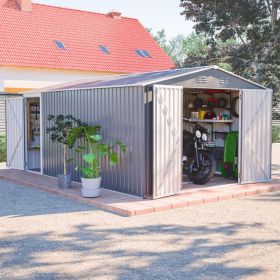 10x14 FT Outdoor Metal Storage Shed, Large Garden Shed Tool Shed with 3 Lockable Doors & Side Door, Waterproof Yard Building with 4 Air Vents for (Option: Gray)
