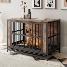 Dog Crate Furniture,  Wooden Dog Crate Table, 38.9" Dog Kennel with 2 Sliding Doors and Thick Iron Door Frame, Decorative Pet Crate House for Lar (Option: Black Brown)