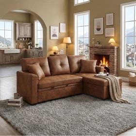 Sleeper Sofa, Sectional with Pull-Out Bed, Reversible Chaise, Storage Sectional,  Light Brown breathable  fabric, Small Space Solution, Convertib (Option: Light Brown)